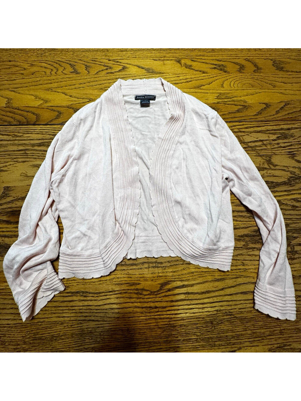 Jessica Howard Womens L Pink Knit Open Front V-Neck Cardigan Scallop Edge